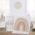 Sweet Jojo Designs Boho Rainbow Baby Girl Nursery Crib Bedding Set - 4 Pieces - Blush Pink Dusty Rose Gold Yellow Mauve Taupe Beige Tan Bohemian Stars Sun Celestial Vintage Sky Macrame Tassel Fringe