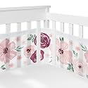Sweet Jojo Designs + BreathableBaby 2-Piece Breathable Mesh Crib Liner Set (Burgundy Boho Floral) for Girls, Baby, Infants/Newborn Nursery (Bohemian, Shabby Chic, Watercolor, Farmhouse, Pink, Maroon)