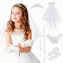 SWEETV 6 Pcs First Communion Veil Set for Girls 1st Communion Bow Veil Headpiece Accessories Set White Lace Veil Flower Crown