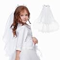 SWEETV First Communion Veil 1st Communion Veils For Kids Flower Girl Bow Headband Veil Holy Headpiece Wedding Catholic Party