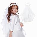 SWEETV 6 Pcs First Communion Veil Set for Girls 1st Communion Bow Veil Headpiece Accessories Set White Lace Veil Flower Crown