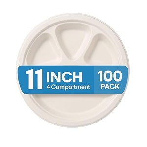 swhf 11 inch disposable plates with 4 compartment - pack of 100 eco-friendly amp biodegradable dinner plates for serving snacks dinner paper plates for birthday - disposal plate white round