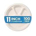 SWHF 11 Inch Disposable Plates with 4 Compartment - Pack of 100, Eco-Friendly &amp; Biodegradable, Dinner Plates for Serving Snacks, Dinner, Paper Plates for Birthday - Disposal Plate (White, Round)