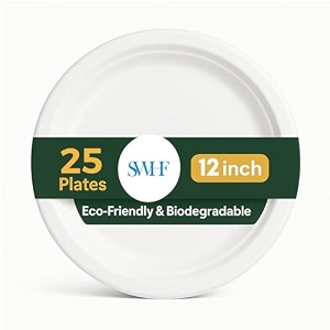 swhf disposable plates 12 inch - pack of 25 eco-friendly amp biodegradable dinner plates for serving snacks dinner paper plates for birthday weddings amp parties - disposal plate white round