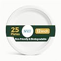 SWHF Disposable Plates 12 inch - Pack of 25, Eco-Friendly &amp; Biodegradable, Dinner Plates for Serving Snacks, Dinner, Paper Plates for Birthday, Weddings &amp; Parties - Disposal Plate (White, Round)