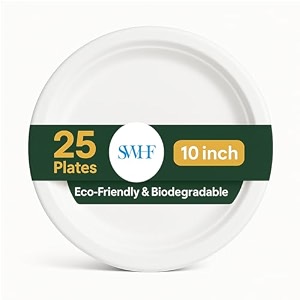 swhf disposable plates 10 inch - pack of 25  eco-friendly amp biodegradable  microwave safe sturdy dinner plates for snacks party picnic restaurant weddings birthdays events white round