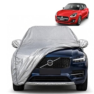 swift 2024 100 waterproof car cover  dustproof sun protection cover  soft cotton lining  triple stitched  mirror pocket  antenna pocket  all weather body cover silver with yellow piping