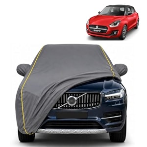 swift 2024 100 waterproof car cover  dustproof sun protection cover  soft cotton lining  triple stitched  mirror pocket  antenna pocket  all weather body cover grey with yellow piping