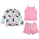SwimZip Girls' 3 Pc Swim Set w/Long Sleeve Rash Guard, Tankini &amp; Shorts UPF 50+