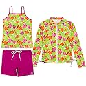SwimZip Girls' 3 Pc Swim Set w/Long Sleeve Rash Guard, Tankini &amp; Shorts UPF 50+