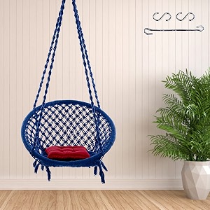 swingzy cotton netted rope round hanging swing for kids amp adultsswing chair with red square cushion for indoor-outdoorswing chair with free hanging accessories 120 kgs capacity blue