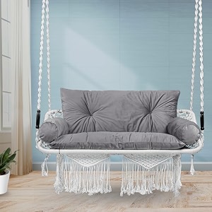 swingzy polyester large premium double seater swing with sofa cushionhammock chair for indoor amp outdoorswing chair for 2 peoplejhula for adults with hanging kit white with grey cushion