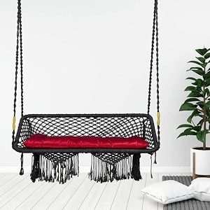 swingzy large premium double seater swing chairhammock chair for home indoor outdoor gardenhanging hammock swing chair for 2 peoplejhula for adults with hanging kit with cushion black polyester