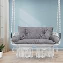 SWINGZY Polyester Large Premium Double Seater Swing With Sofa Cushion/Hammock Chair For Indoor &amp; Outdoor/Swing Chair For 2 People/Jhula For Adults With Hanging Kit (White With Grey Cushion)