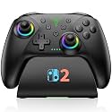 Switch 2 Controller Compatible with Nintendo Switch 2/Switch/OLED/Lite - Hall Effect Joystick & Trigger - 7 Color RGB Wireless Pro Controller with Charging Dock, Macros, Turbo, KeyLinker App - Black