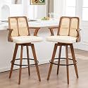 Swivel Bar Stools Set of 2 - 30 inch Mid Century BarStools with Curved Backs and Arms, Walnut Bentwood, Faux Leather Upholstered Seat, Rattan Bar Stools for Kitchen/Island (30" Seat Height, Beige)