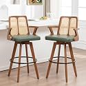 Swivel Bar Stools Set of 2 - 30 inch Mid Century BarStools with Curved Backs and Arms, Walnut Bentwood, Faux Leather Upholstered Seat, Rattan Bar Stools for Kitchen/Island (30" Seat Height, Green)