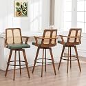 Swivel Bar Stools Set of 3 - 30 inch Mid Century BarStools with Curved Backs and Arms, Walnut Bentwood, Faux Leather Upholstered Seat, Rattan Bar Stools for Kitchen/Island (30" Seat Height, Green)