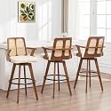 Swivel Bar Stools Set of 3 - 30 inch Mid Century BarStools with Curved Backs and Arms, Walnut Bentwood, Faux Leather Upholstered Seat, Rattan Bar Stools for Kitchen/Island (30" Seat Height, Beige)