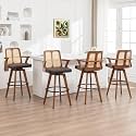 Swivel Bar Stools Set of 4 - 30 inch Mid Century BarStools with Curved Backs and Arms, Walnut Bentwood, Faux Leather Upholstered Seat, Rattan Bar Stools for Kitchen/Island (30" Seat Height, Brown)