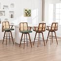 Swivel Bar Stools Set of 4 - 30 inch Mid Century BarStools with Curved Backs and Arms, Walnut Bentwood, Faux Leather Upholstered Seat, Rattan Bar Stools for Kitchen/Island (30" Seat Height, Green)
