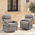 Swivel Patio Chairs sofa Set of 2 with 6" Thick Cushion - Wicker Outdoor Swivel Rocker Patio Chair ,Sofa/Glass coffee table, High Back Comfortable Outdoor Glider Chairs - Grey Wicker | Grey Cushions