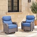 Swivel Patio Chairs sofa Set of 2 with 6" Thick Cushion - Wicker Outdoor Swivel Rocker Patio Chair ,Sofa/Glass coffee table, High Back Comfortable Outdoor Glider Chairs - Brown Wicker | Blue Cushions