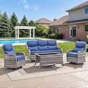 Swivel Patio Chairs sofa Set of 4 with 6" Thick Cushion - Wicker Outdoor Swivel Rocker Patio Chair ,Sofa/Glass coffee table, High Back Comfortable Outdoor Glider Chairs - Grey Wicker | Blue Cushions