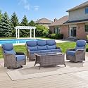 Swivel Patio Chairs sofa Set of 4 with 6" Thick Cushion - Wicker Outdoor Swivel Rocker Patio Chair ,Sofa/Glass coffee table, High Back Comfortable Outdoor Glider Chairs - Brown Wicker | Blue Cushions