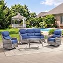 Swivel Patio Chairs sofa Set of 5 with 6" Thick Cushion - Wicker Outdoor Swivel Rocker Patio Chair ,Sofa/Glass coffee table, High Back Comfortable Outdoor Glider Chairs - Grey Wicker | Blue Cushions