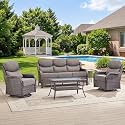 Swivel Patio Chairs sofa Set of 5 with 6" Thick Cushion - Wicker Outdoor Swivel Rocker Patio Chair ,Sofa/Glass coffee table, High Back Comfortable Outdoor Glider Chairs - Brown Wicker Grey Cushions