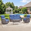 Swivel Patio Chairs sofa Set of 5 with 6" Thick Cushion - Wicker Outdoor Swivel Rocker Patio Chair ,Sofa/Glass coffee table, High Back Comfortable Outdoor Glider Chairs - Brown Wicker | Blue Cushions