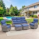 Swivel Patio Chairs Sofa Set of 6-6" Thick Cushion - Wicker Outdoor Swivel Rocker Patio Chair,Sofa/Side Table, High Back Comfortable Outdoor Glider Chairs - Grey Wicker | Blue Cushions