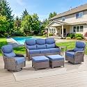 Swivel Patio Chairs sofa Set of 6 - 6" Thick Cushion - Wicker Outdoor Swivel Rocker Patio Chair ,Sofa/Glass coffee table, High Back Comfortable Outdoor Glider Chairs - Brown Wicker Blue Cushions