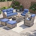 Swivel Patio Chairs sofa Set of 7 - 6" Thick Cushion - Wicker Outdoor Swivel Rocker Patio Chair ,Sofa/Glass coffee table, High Back Comfortable Outdoor Glider Chairs - Grey Wicker | Blue Cushions