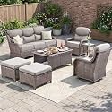 Swivel Patio Chairs sofa Set of 7 - 6" Thick Cushion - Wicker Outdoor Swivel Rocker Patio Chair ,Sofa/Glass coffee table, High Back Comfortable Outdoor Glider Chairs - Brown Wicker | Grey Cushions