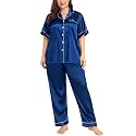 SWOMOG Women's Plus Size Pajamas Silk Satin Pajama Set Short Sleeve Shirt with Full-Length Pants Pjs Sleepwear Set 18W-26W