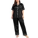 SWOMOG Women's Plus Size Pajamas Silk Satin Pajama Set Short Sleeve Shirt with Full-Length Pants Pjs Sleepwear Set 18W-26W