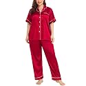 SWOMOG Women's Plus Size Pajamas Silk Satin Pajama Set Short Sleeve Shirt with Full-Length Pants Pjs Sleepwear Set 18W-26W