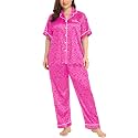 SWOMOG Women's Plus Size Pajamas Silk Satin Pajama Set Short Sleeve Shirt with Full-Length Pants Pjs Sleepwear Set 18W-26W