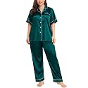SWOMOG Women's Plus Size Pajamas Silk Satin Pajama Set Short Sleeve Shirt with Full-Length Pants Pjs Sleepwear Set 18W-26W