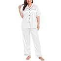 SWOMOG Women's Plus Size Pajamas Silk Satin Pajama Set Short Sleeve Shirt with Full-Length Pants Pjs Sleepwear Set 18W-26W