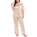 SWOMOG Women's Plus Size Pajamas Silk Satin Pajama Set Short Sleeve Shirt with Full-Length Pants Pjs Sleepwear Set 18W-26W