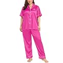 SWOMOG Women's Plus Size Pajamas Silk Satin Pajama Set Short Sleeve Shirt with Full-Length Pants Pjs Sleepwear Set 18W-26W
