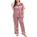SWOMOG Women's Plus Size Pajamas Silk Satin Pajama Set Short Sleeve Shirt with Full-Length Pants Pjs Sleepwear Set 18W-26W