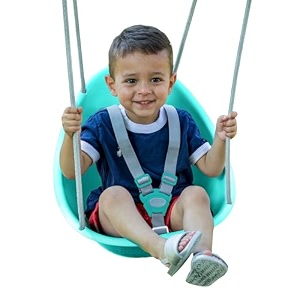swurfer coconut toddler swing  comfy baby swing outdoor 3- point adjustable safety harness secure safe quick click locking system blister-free rope easy installation teal