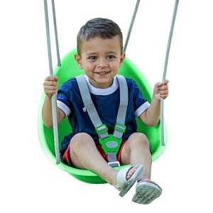 swurfer coconut toddler swing  comfy baby swing outdoor 3-point adjustable safety harness secure safe quick click locking system blister-free rope ages 9 mos and up green