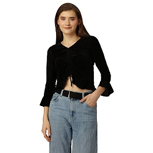 SXV Ruched Pullover Black Velvet Crop Top