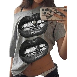 SXV STYLE Casual Minimalist Lip Print Off-Shoulder