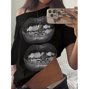 SXV STYLE Casual Minimalist Lip Print Off-Shoulder